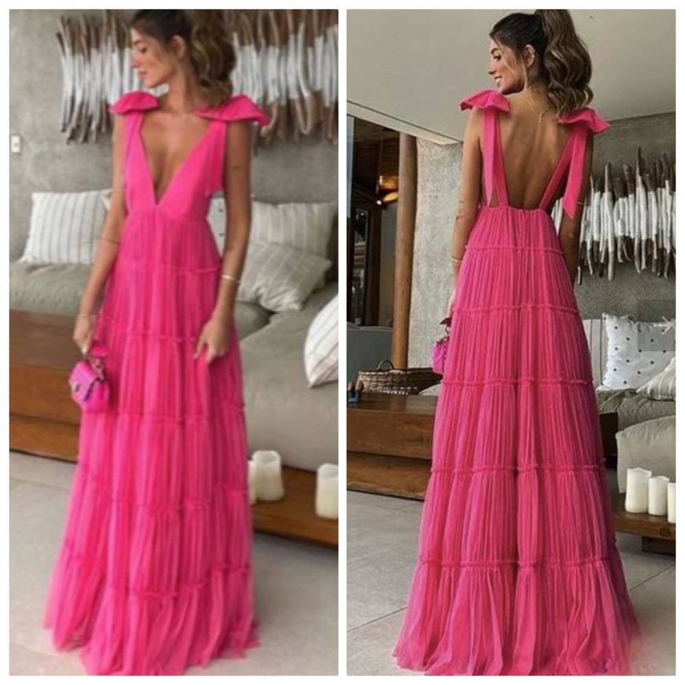 JKprom Hot Pink Tiered Tulle Bow Tie Shoulders Plunging Neck Backless Ballgown